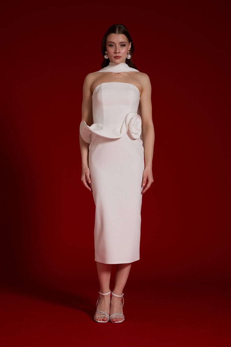 Carmen Kadın Şallı Straplez Krep Nikah Elbisesi 58657 Beyaz - 2