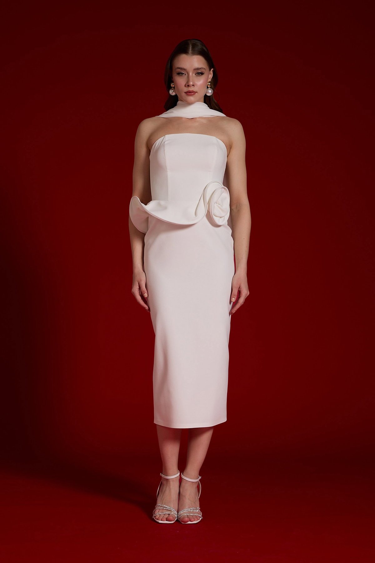 Carmen Kadın Şallı Straplez Krep Nikah Elbisesi 58657 Beyaz - 2