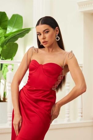 Carmen Kadın Saten Bağlamalı Uzun Abiye Elbise ve Davet Elbisesi 58166 Kırmızı - 3