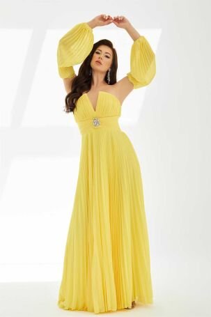 Carmen Kadın Şifon Kemer Detaylı Uzun Abiye Elbise 58070 Sarı 