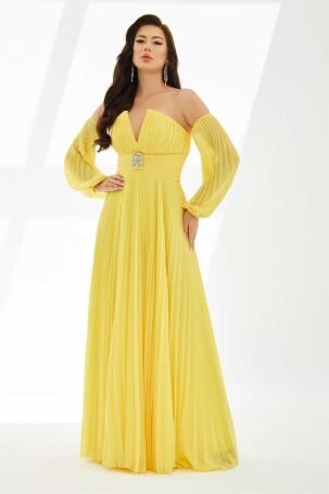 Carmen Kadın Şifon Kemer Detaylı Uzun Abiye Elbise 58070 Sarı - 3