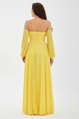 Carmen Kadın Şifon Kemer Detaylı Uzun Abiye Elbise 58070 Sarı - 5