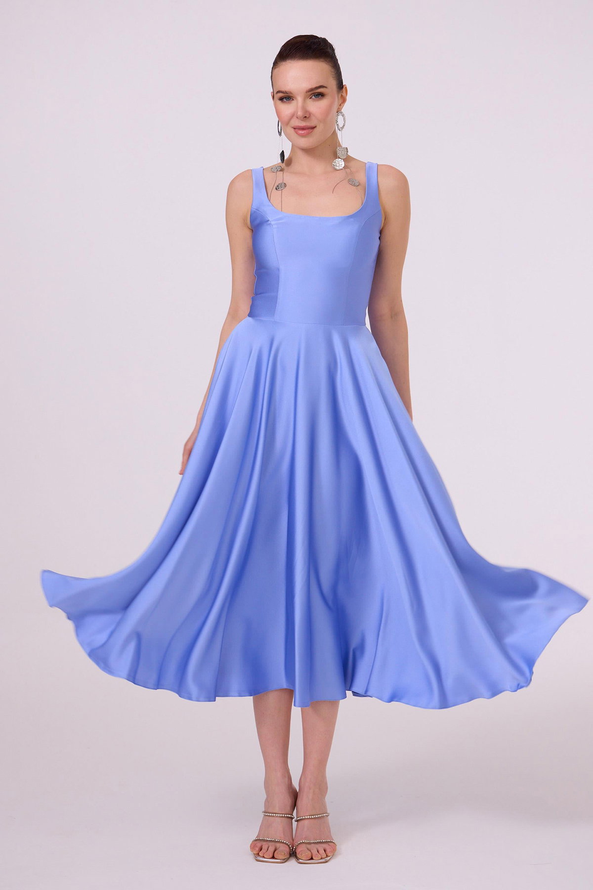 Carmen Kadın Sırt Dekolteli Midi Saten Abiye Elbise 58131 Indigo - 1