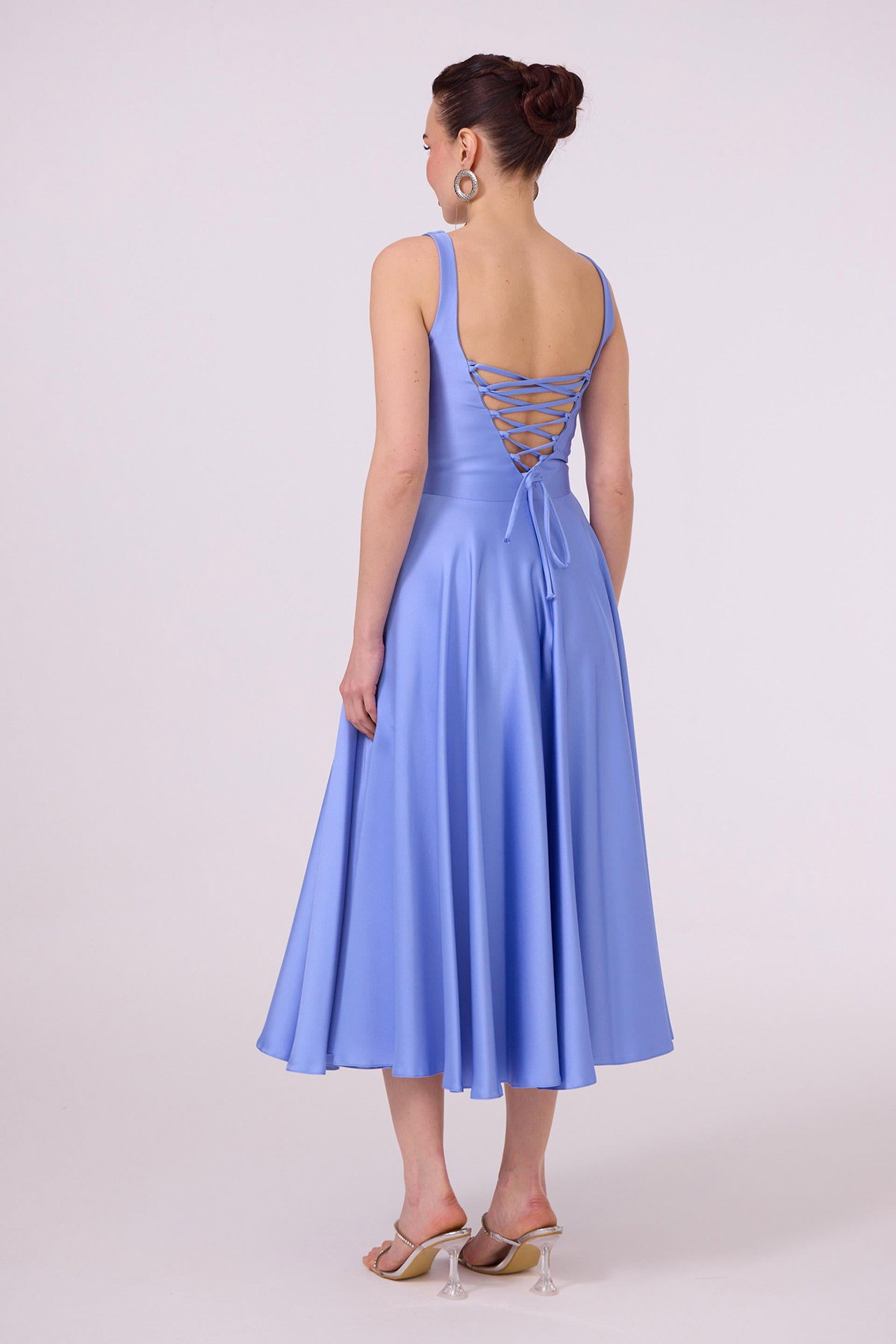 Carmen Kadın Sırt Dekolteli Midi Saten Abiye Elbise 58131 Indigo - 5