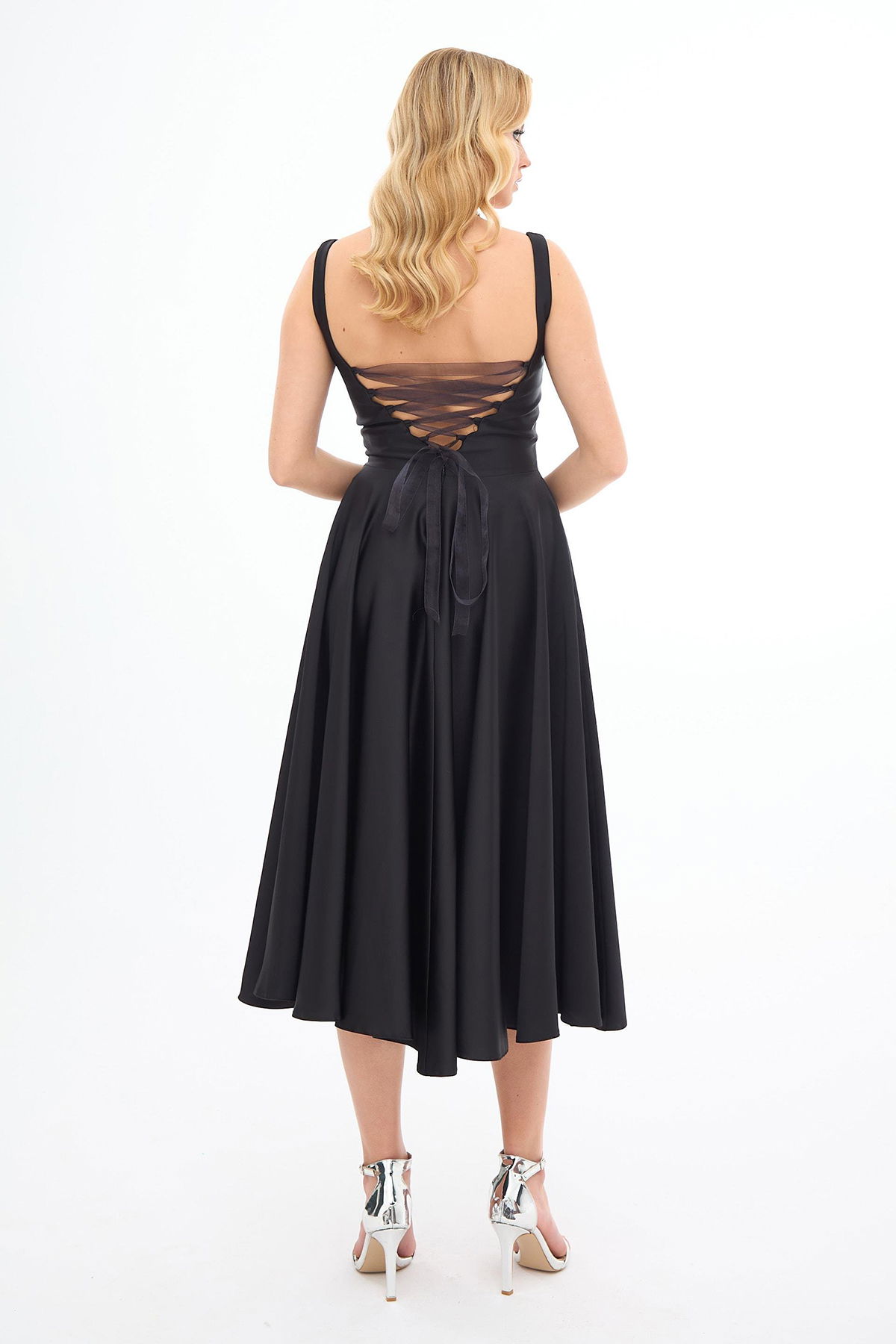 Carmen Kadın Sırt Dekolteli Midi Saten Abiye Elbise 58131 Siyah - 4