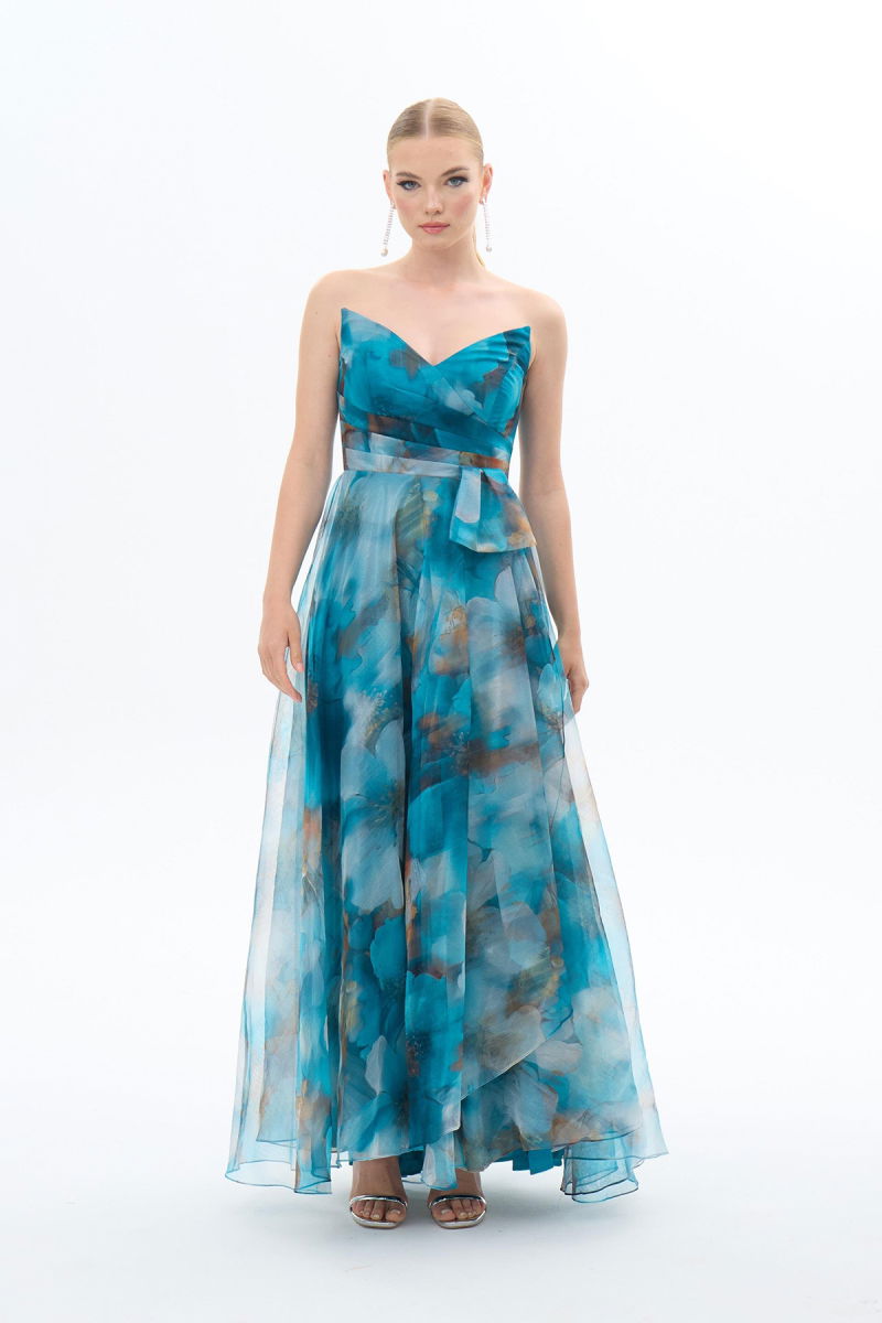 Carmen Kadın Straplez Empirme Şifon Abiye Elbise 58421 Petrol - 2