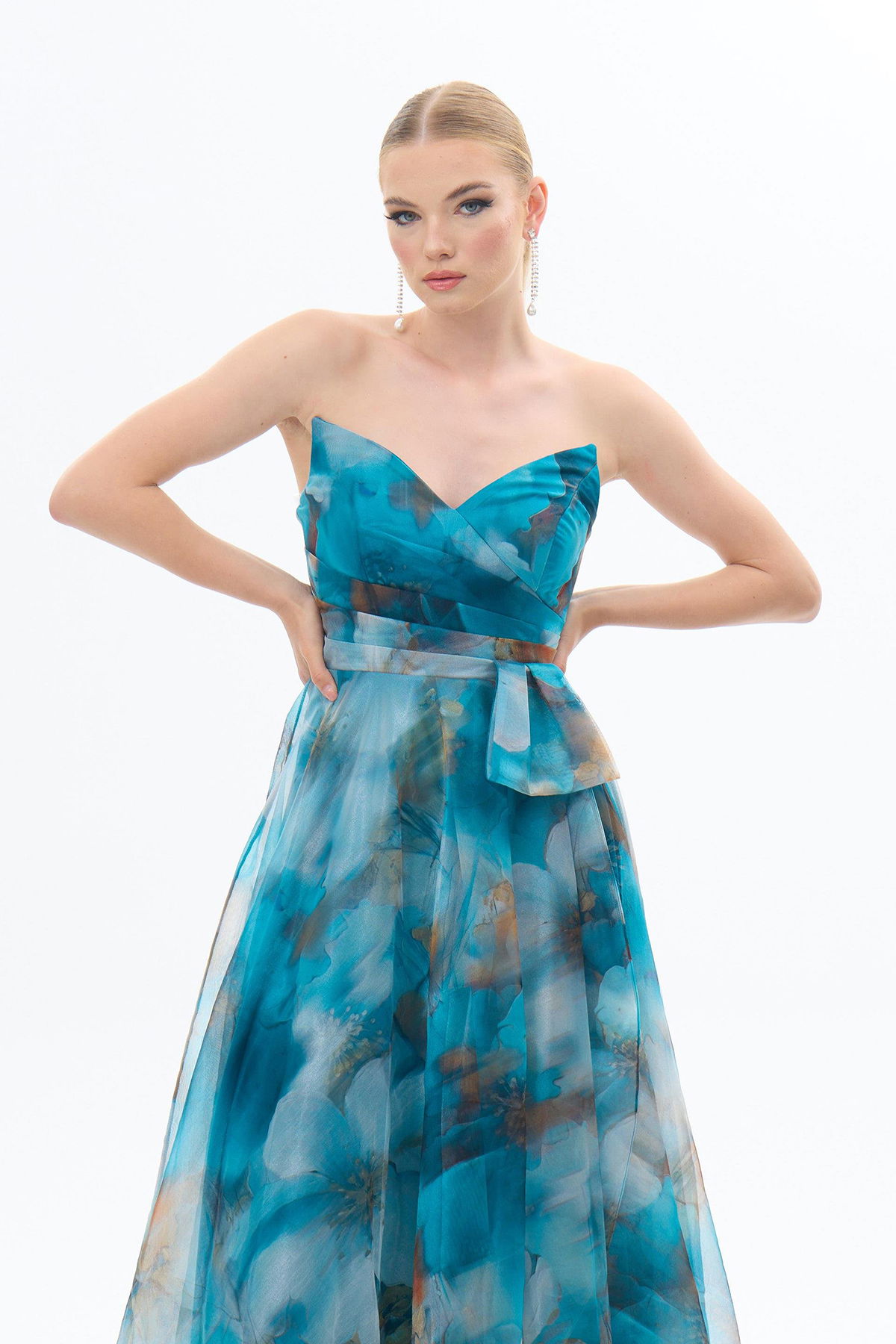 Carmen Kadın Straplez Empirme Şifon Abiye Elbise 58421 Petrol - 3