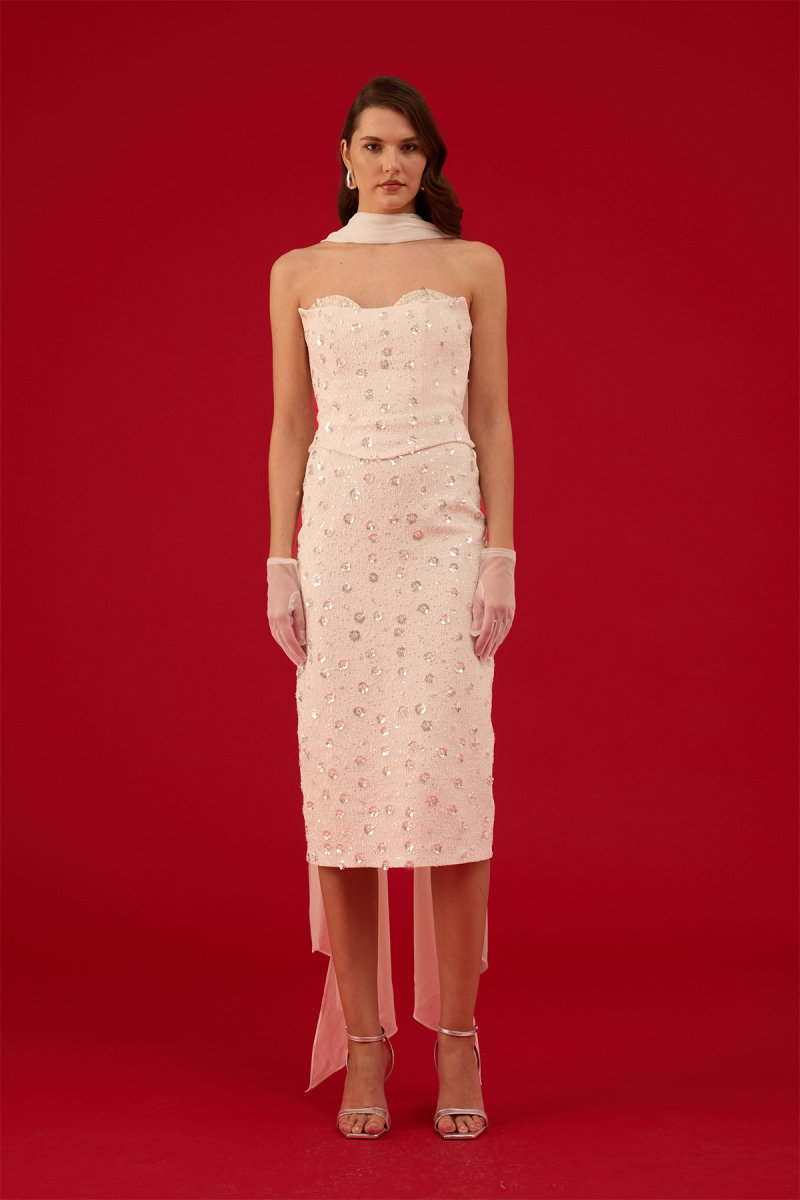 Carmen Kadın Straplez Payetli Söz Elbisesi Nikah Elbisesi 58565 Bej - Carmen