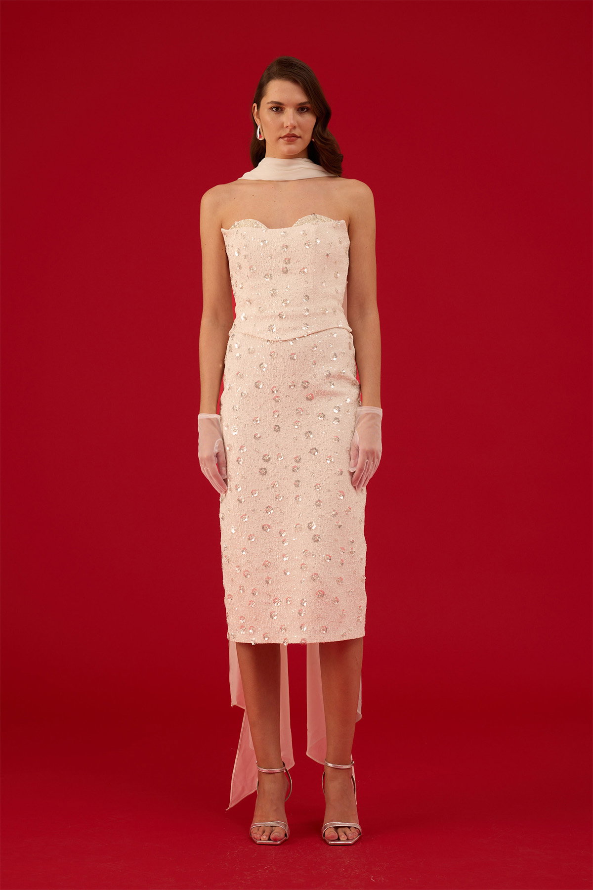 Carmen Kadın Straplez Payetli Söz Elbisesi Nikah Elbisesi 58565 Bej - 1