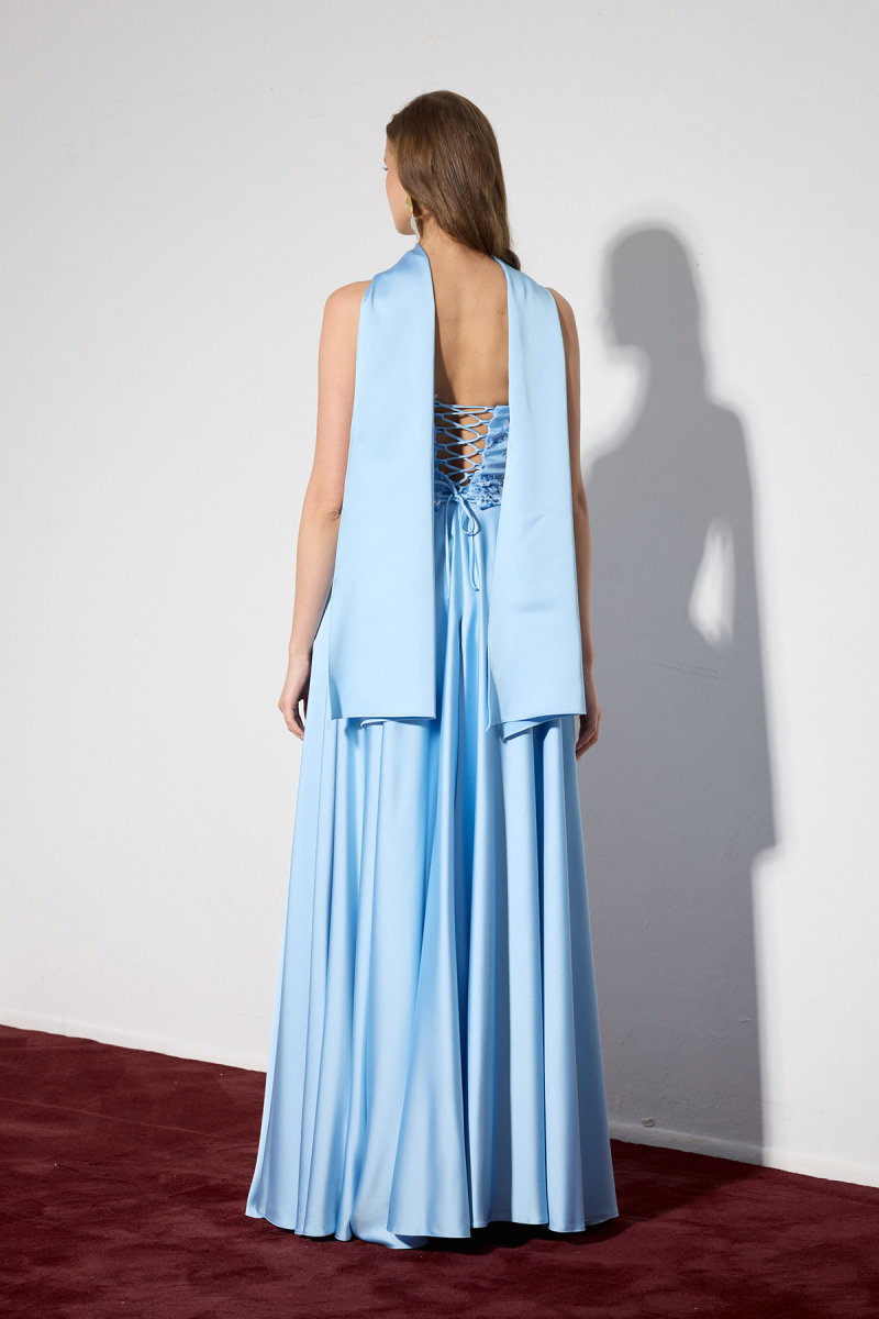 Carmen Kadın Straplez Şallı İşlemeli Saten Uzun Abiye Elbise 58699 Bebe Mavisi - 4