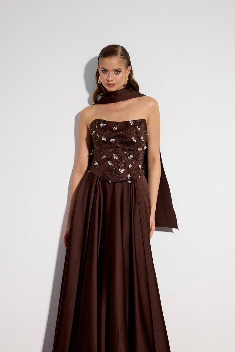 Carmen Kadın Straplez Şallı İşlemeli Saten Uzun Abiye Elbise 58699 Kahverengi - 2