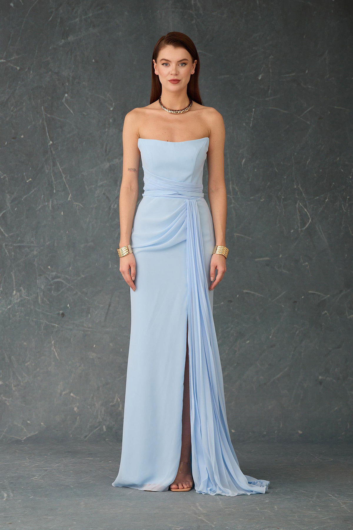 Carmen Kadın Straplez Yırtmaçlı Şifon Abiye Elbise 58482 Bebe Mavisi - 3