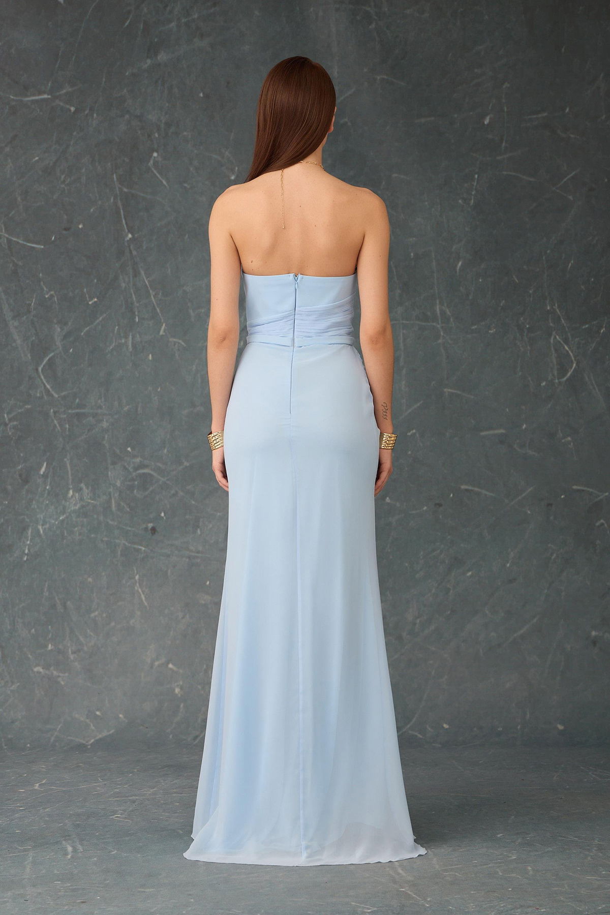 Carmen Kadın Straplez Yırtmaçlı Şifon Abiye Elbise 58482 Bebe Mavisi - 4