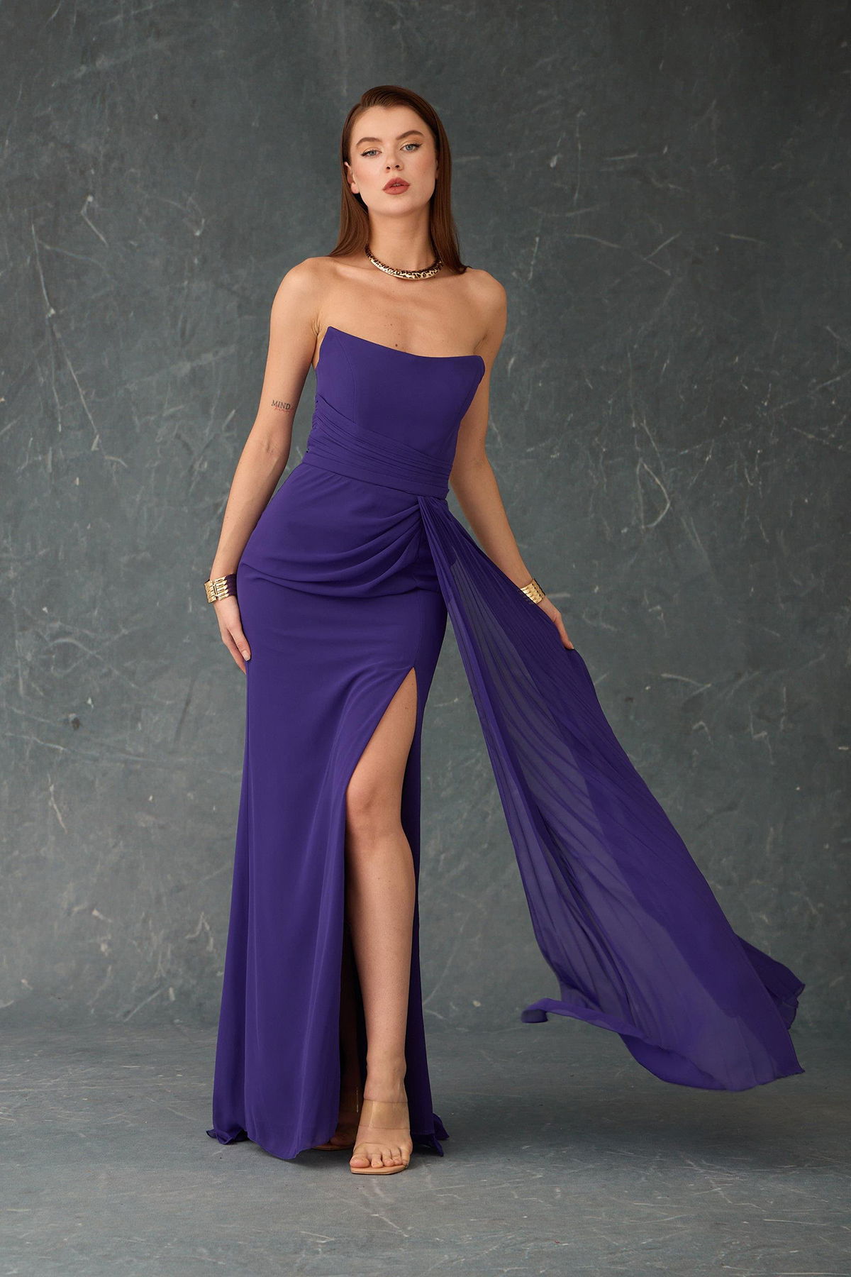 Carmen Kadın Straplez Yırtmaçlı Şifon Abiye Elbise 58482 Mor - 1