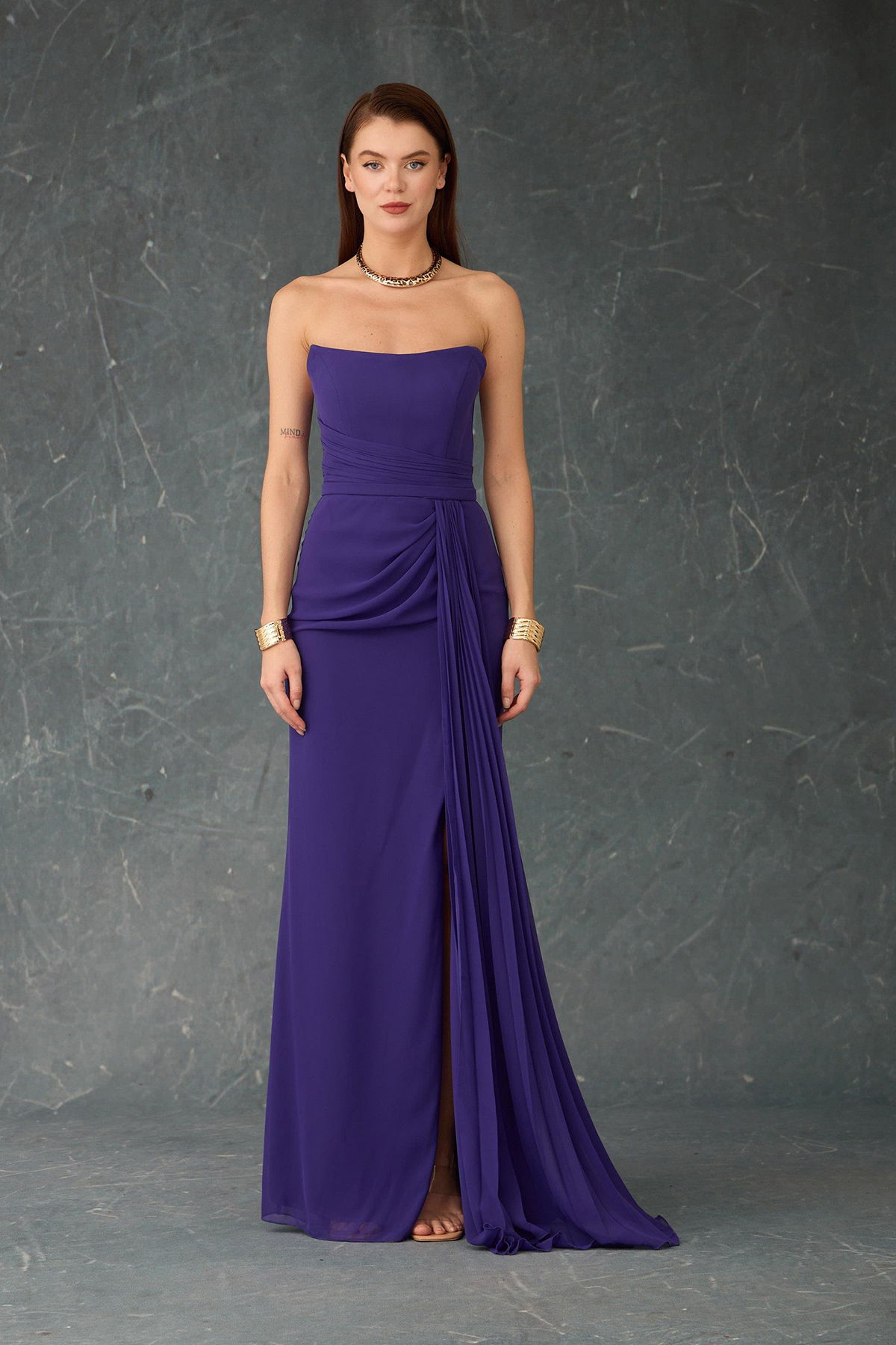 Carmen Kadın Straplez Yırtmaçlı Şifon Abiye Elbise 58482 Mor - 3