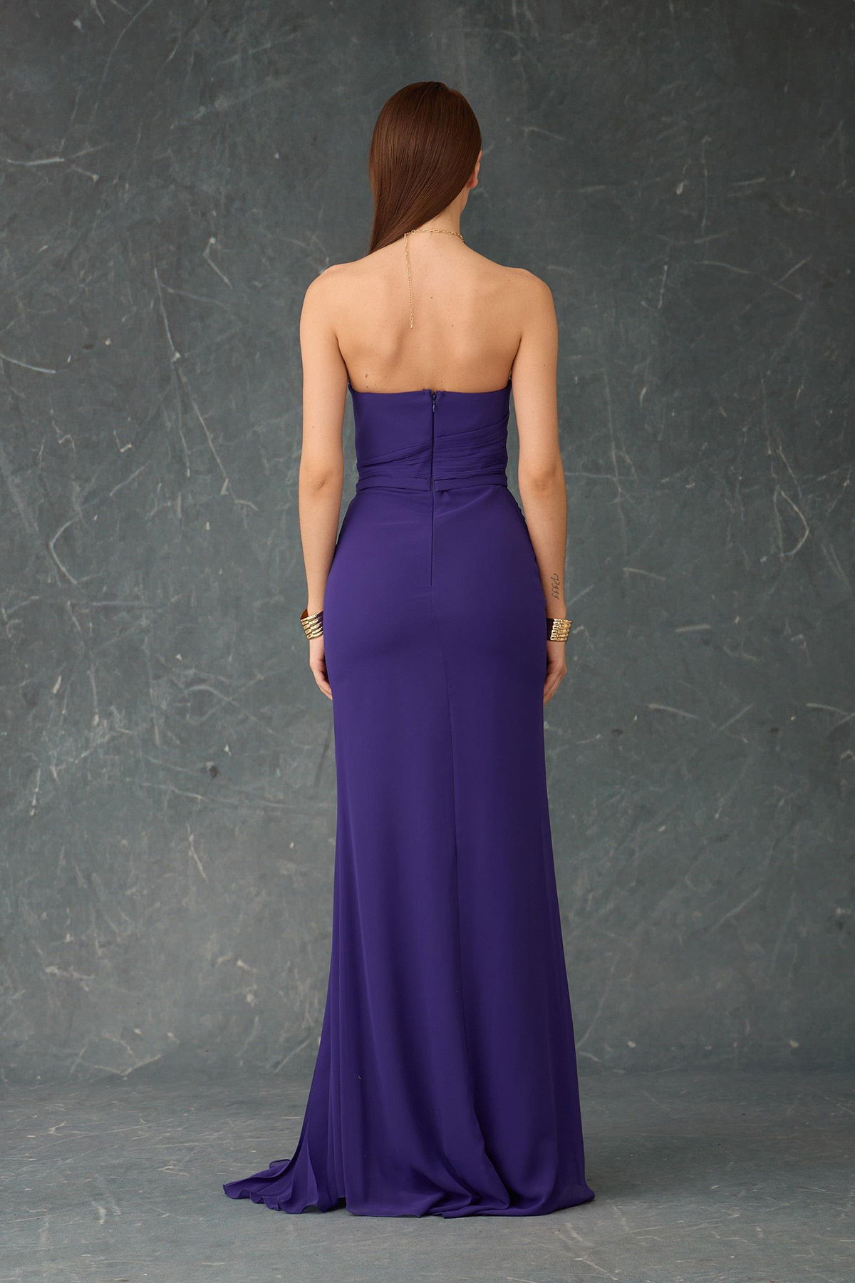 Carmen Kadın Straplez Yırtmaçlı Şifon Abiye Elbise 58482 Mor - 4