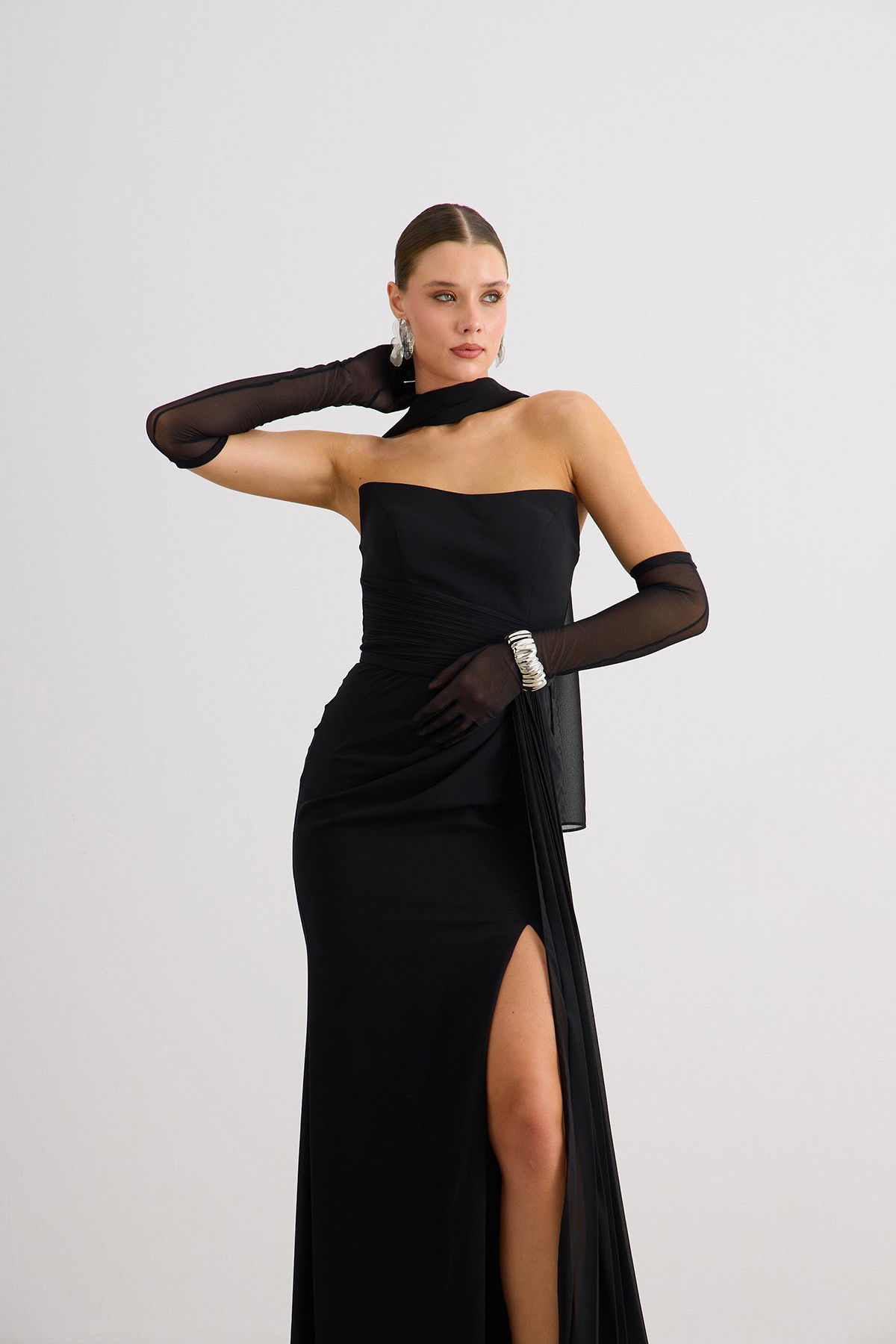 Carmen Kadın Straplez Yırtmaçlı Şifon Abiye Elbise 58482 Siyah - 2