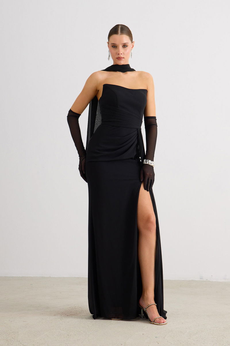 Carmen Kadın Straplez Yırtmaçlı Şifon Abiye Elbise 58482 Siyah - 3