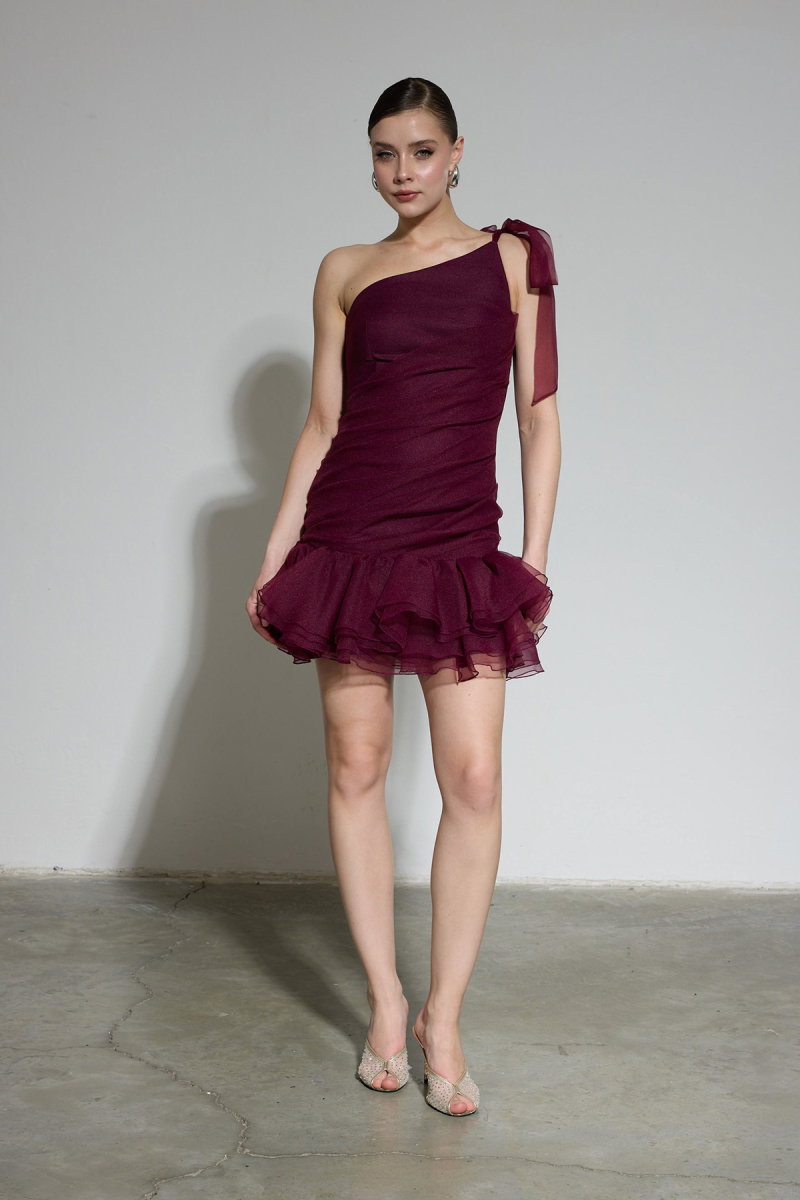 Carmen Kadın Tek Kol Fırfırlı Organze Abiye Elbise 58619 Bordo - Carmen