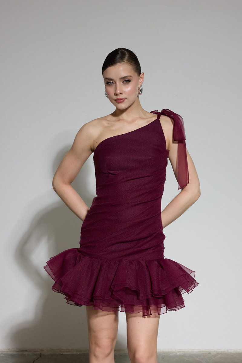 Carmen Kadın Tek Kol Fırfırlı Organze Abiye Elbise 58619 Bordo - 3