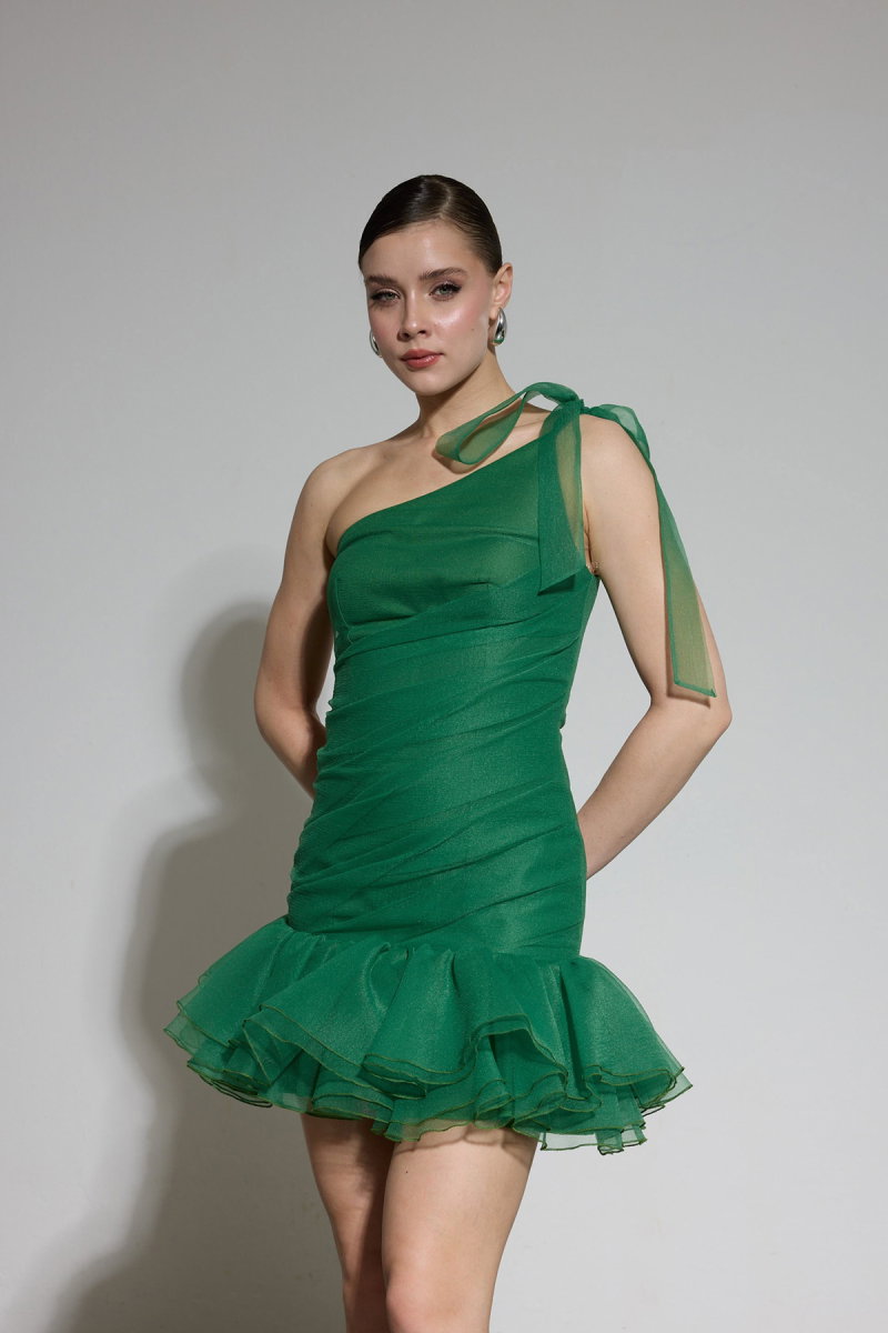 Carmen Kadın Tek Kol Fırfırlı Organze Abiye Elbise 58619 Yeşil - Carmen