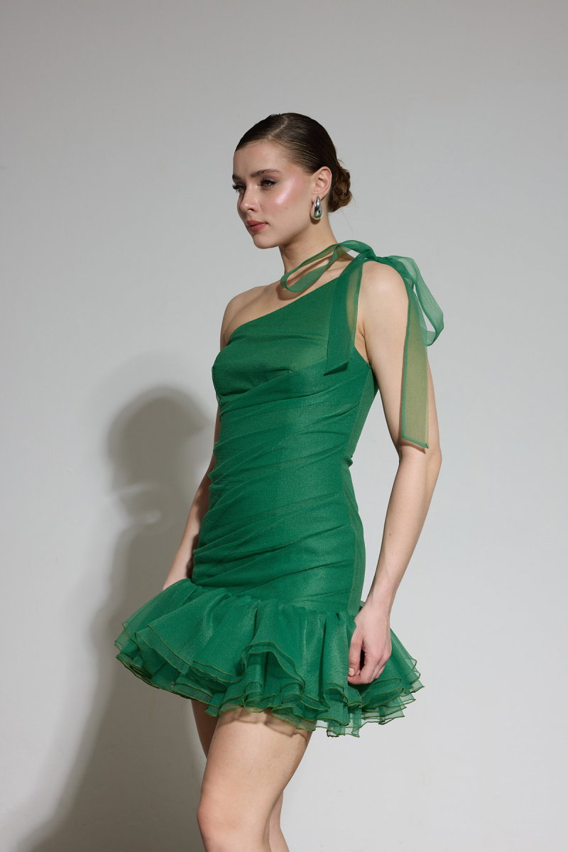 Carmen Kadın Tek Kol Fırfırlı Organze Abiye Elbise 58619 Yeşil - 3