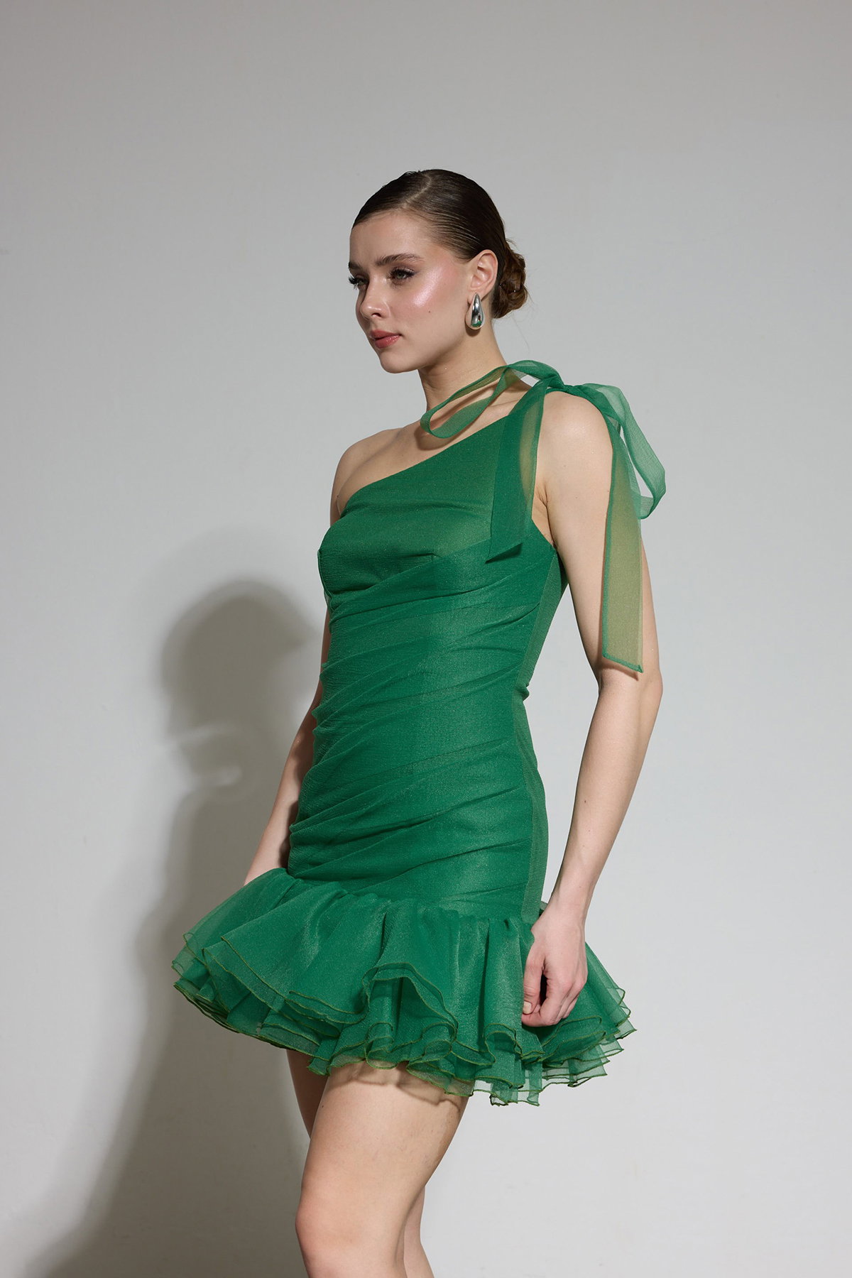 Carmen Kadın Tek Kol Fırfırlı Organze Abiye Elbise 58619 Yeşil - 3