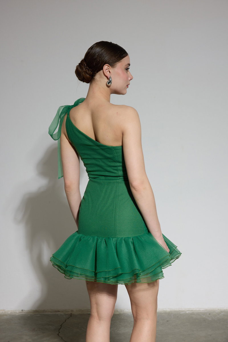 Carmen Kadın Tek Kol Fırfırlı Organze Abiye Elbise 58619 Yeşil - 4