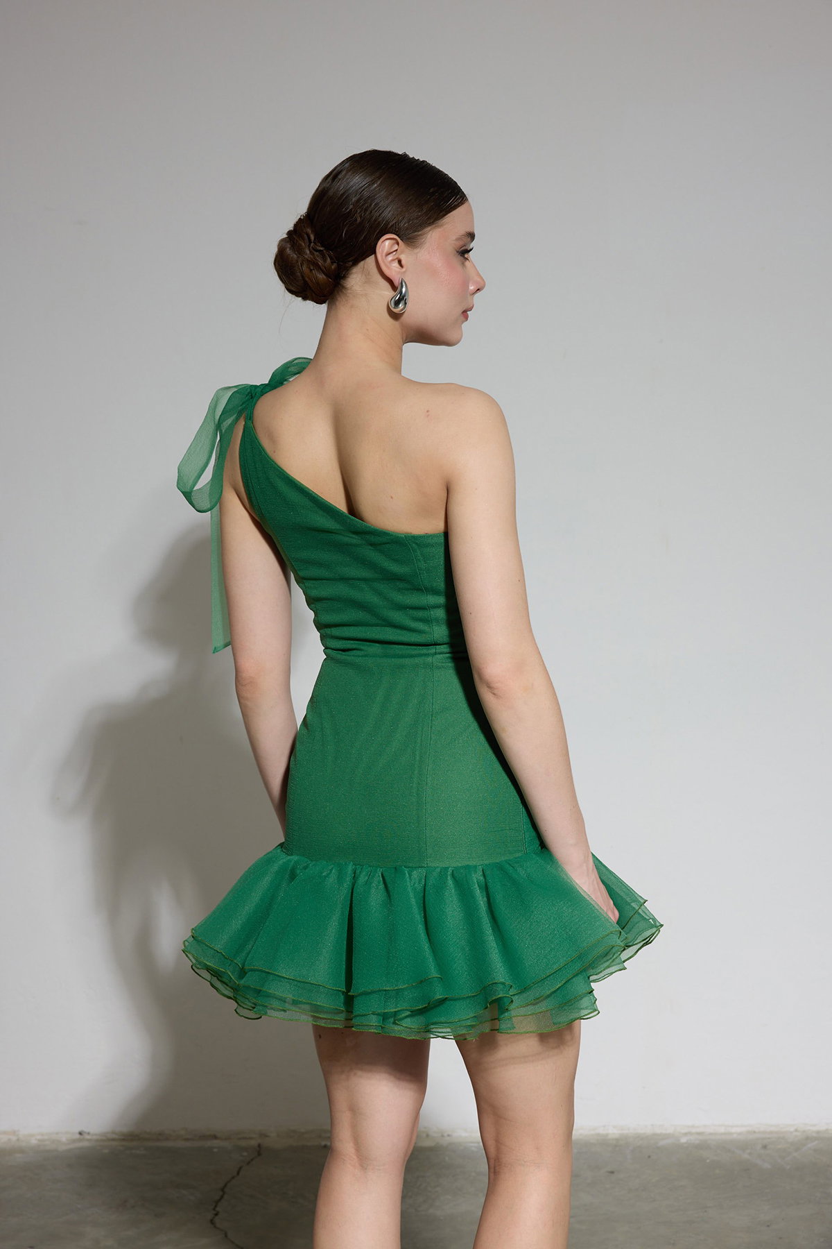 Carmen Kadın Tek Kol Fırfırlı Organze Abiye Elbise 58619 Yeşil - 4