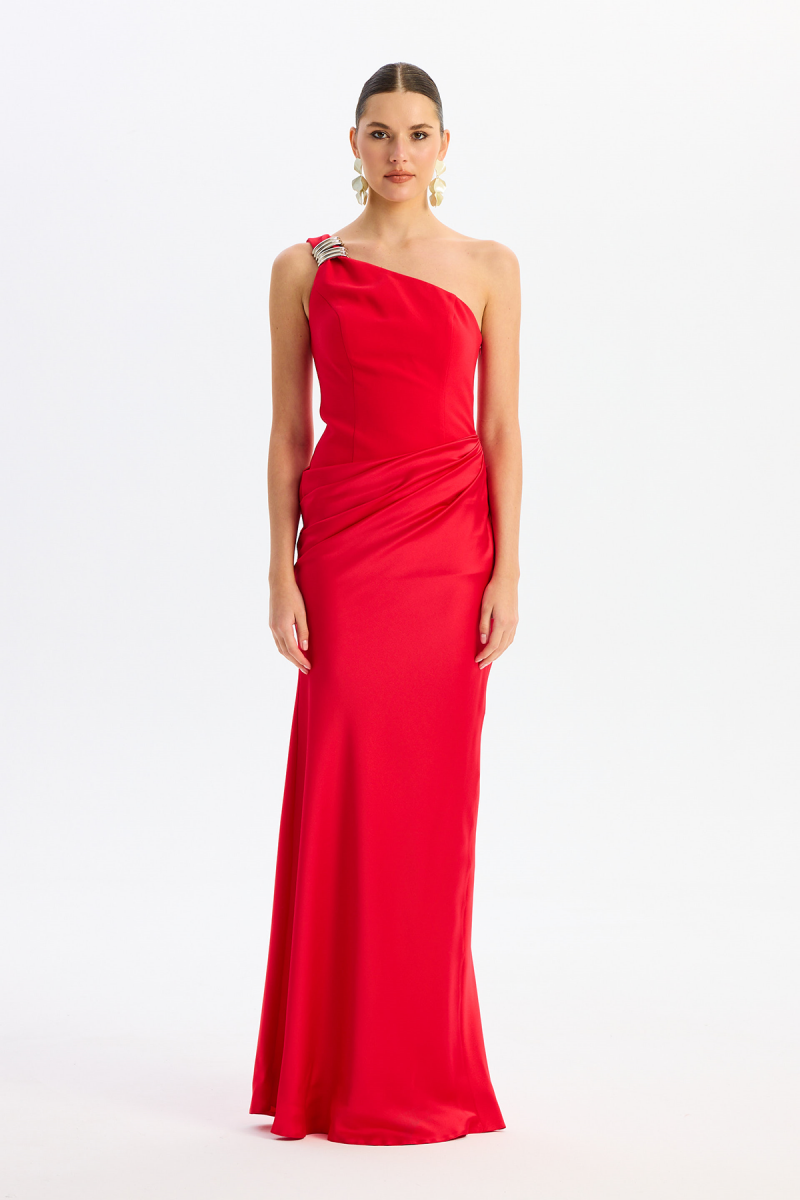 Carmen Kadın Üstü Krep Altı Saten Abiye Elbise 58608 Kırmızı - Carmen