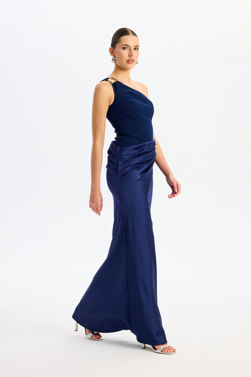 Carmen Kadın Üstü Krep Altı Saten Abiye Elbise 58608 Lacivert - 2