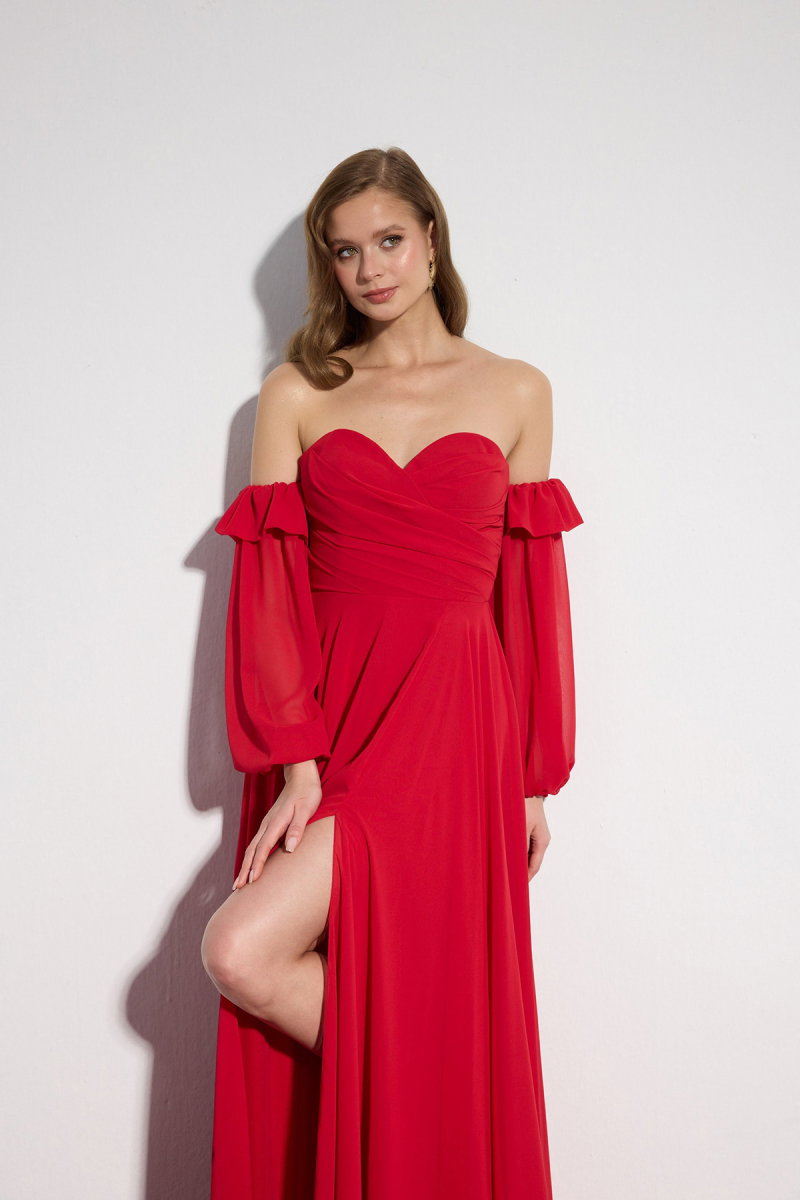 Carmen Kadın Yırtmaçlı Straplez Şifon Abiye Elbise 58695 Kırmızı - 2