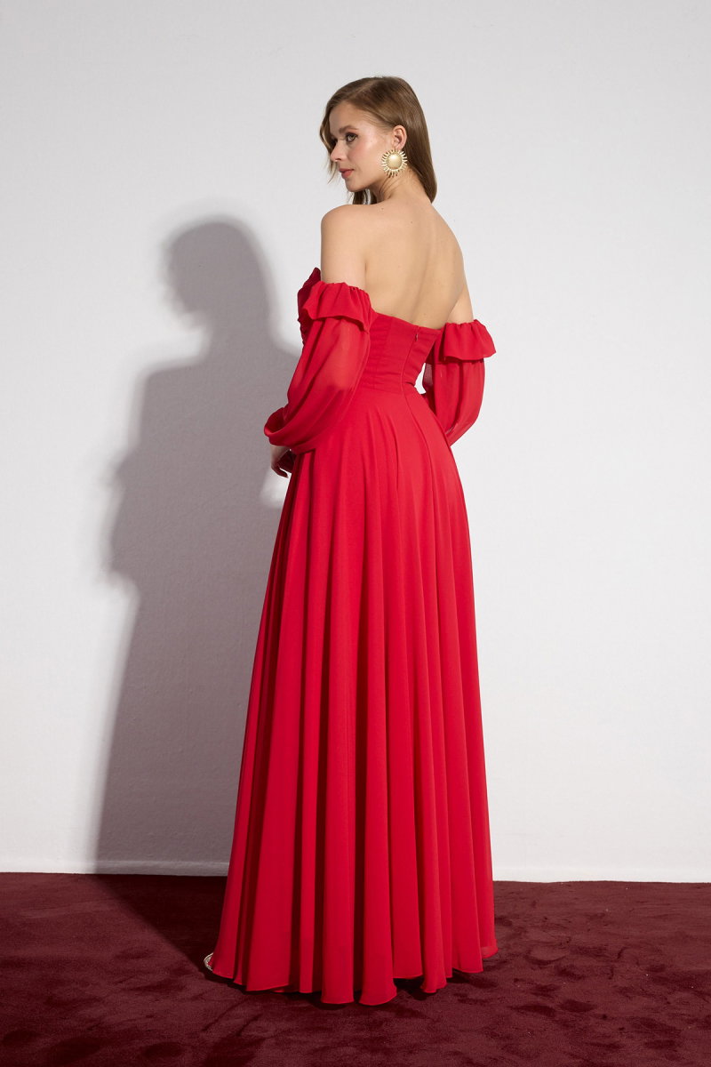 Carmen Kadın Yırtmaçlı Straplez Şifon Abiye Elbise 58695 Kırmızı - 4