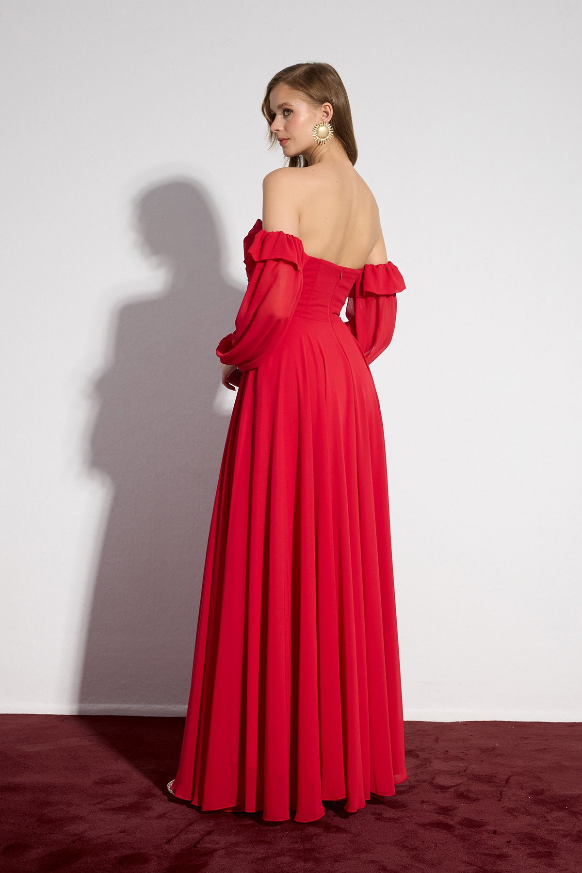 Carmen Kadın Yırtmaçlı Straplez Şifon Abiye Elbise 58695 Kırmızı - 4