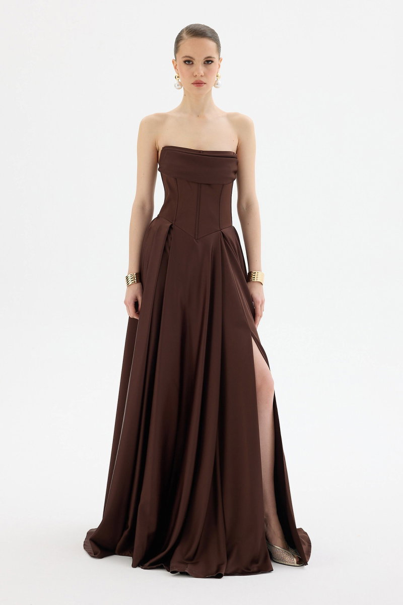 Carmen Kadın Yırtmaçlı Uzun Saten Abiye Elbise 58588 Kahverengi - Carmen