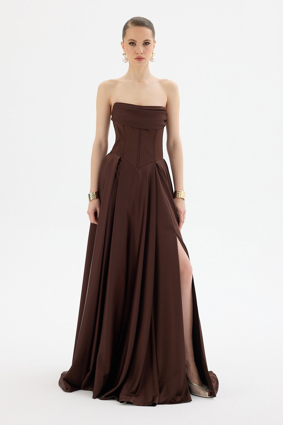 Carmen Kadın Yırtmaçlı Uzun Saten Abiye Elbise 58588 Kahverengi - 1