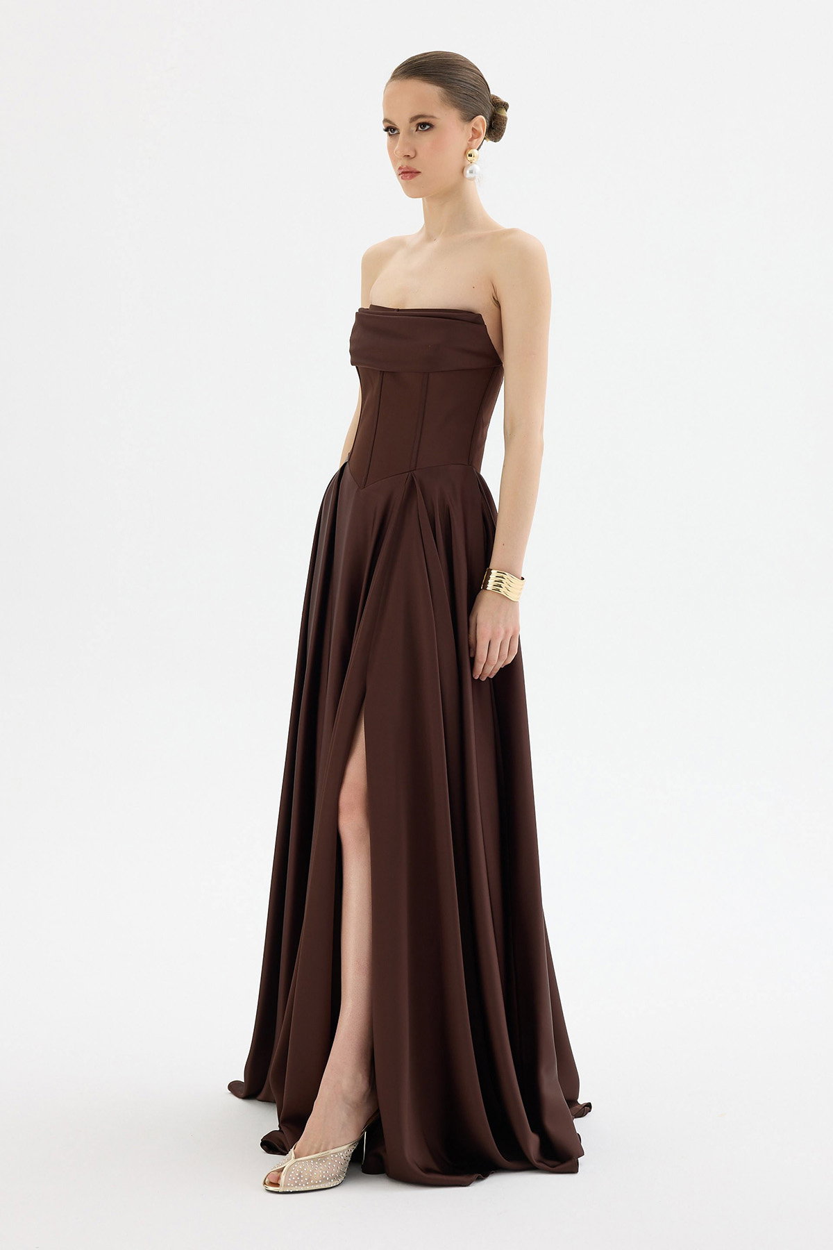 Carmen Kadın Yırtmaçlı Uzun Saten Abiye Elbise 58588 Kahverengi - 2