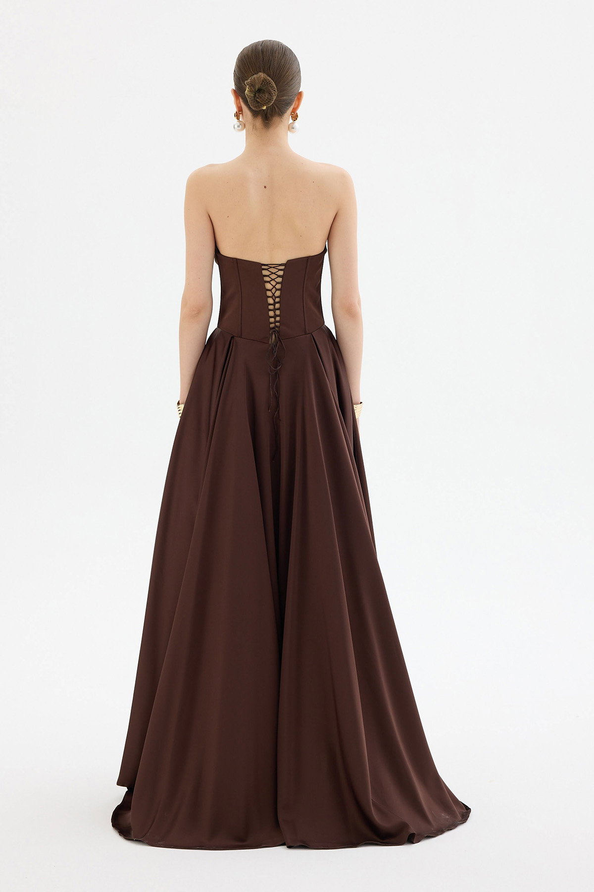 Carmen Kadın Yırtmaçlı Uzun Saten Abiye Elbise 58588 Kahverengi - 4