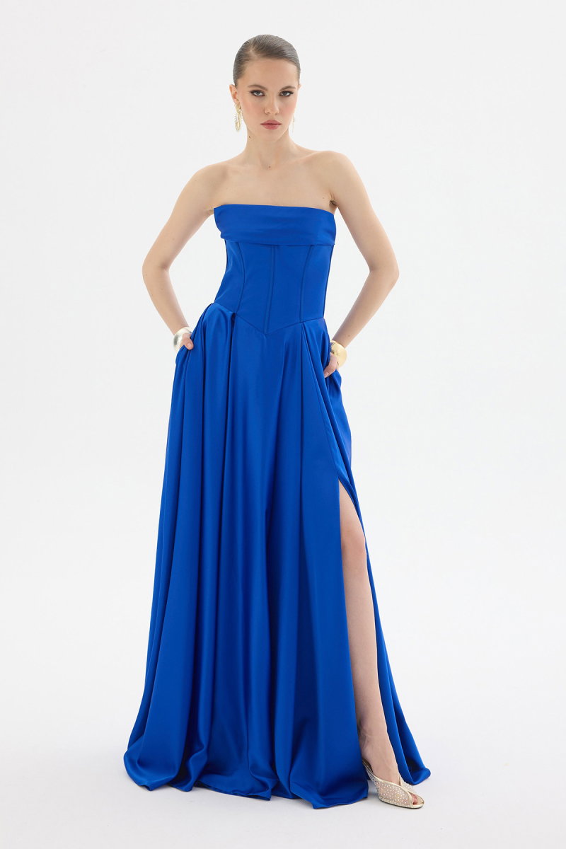 Carmen Kadın Yırtmaçlı Uzun Saten Abiye Elbise 58588 Saks - Carmen