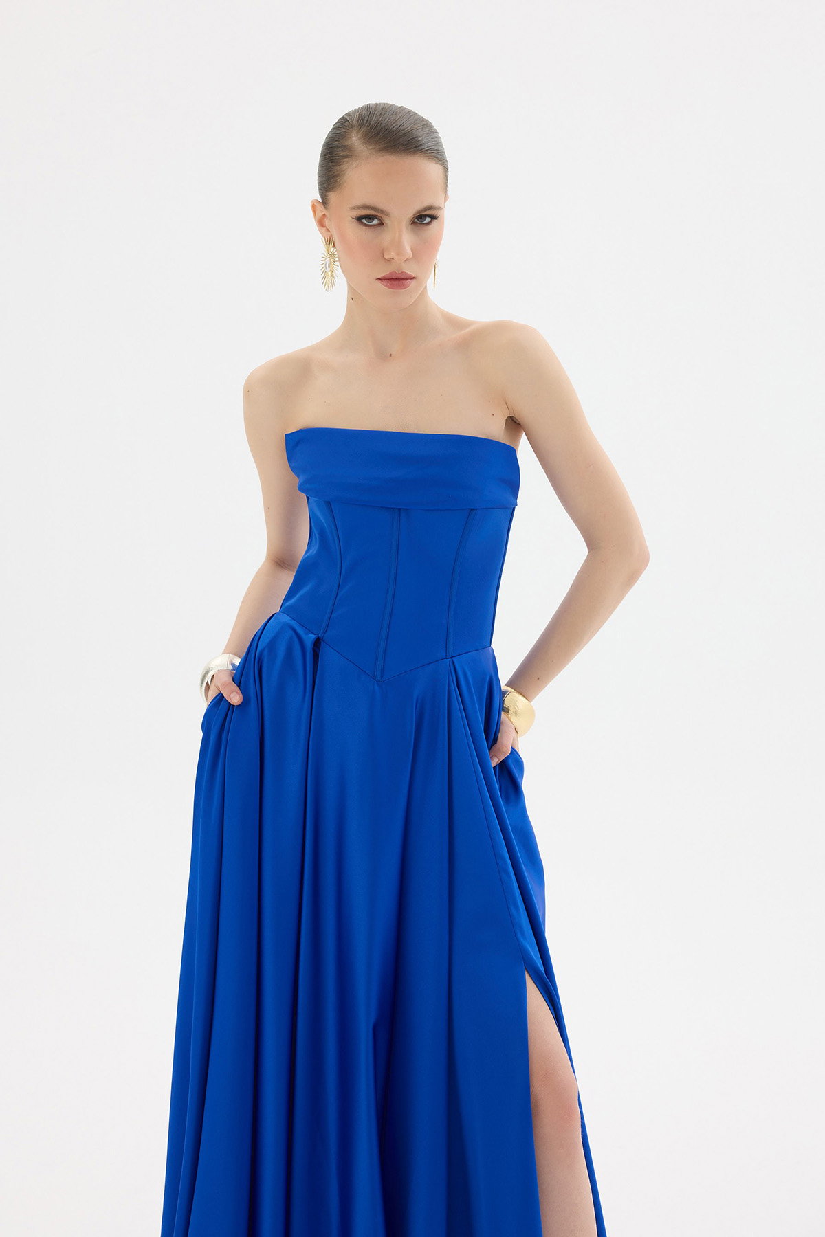 Carmen Kadın Yırtmaçlı Uzun Saten Abiye Elbise 58588 Saks - 3