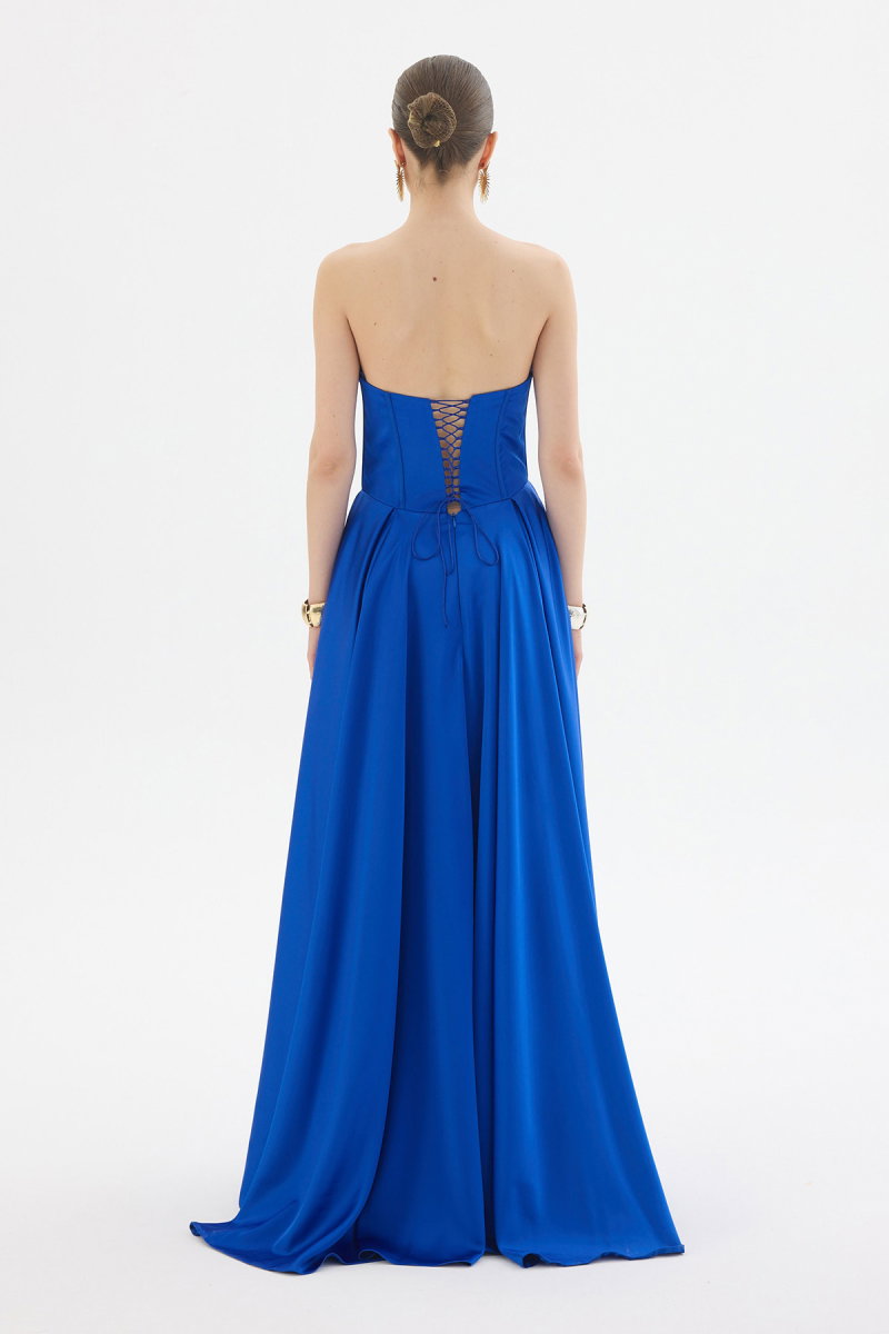 Carmen Kadın Yırtmaçlı Uzun Saten Abiye Elbise 58588 Saks - 4