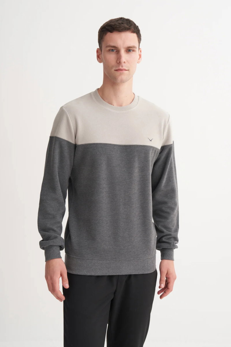 Cazador Erkek Bisiklet Yaka Selanik Örgü Slim Fit Sweatshirt Gri - Cazador