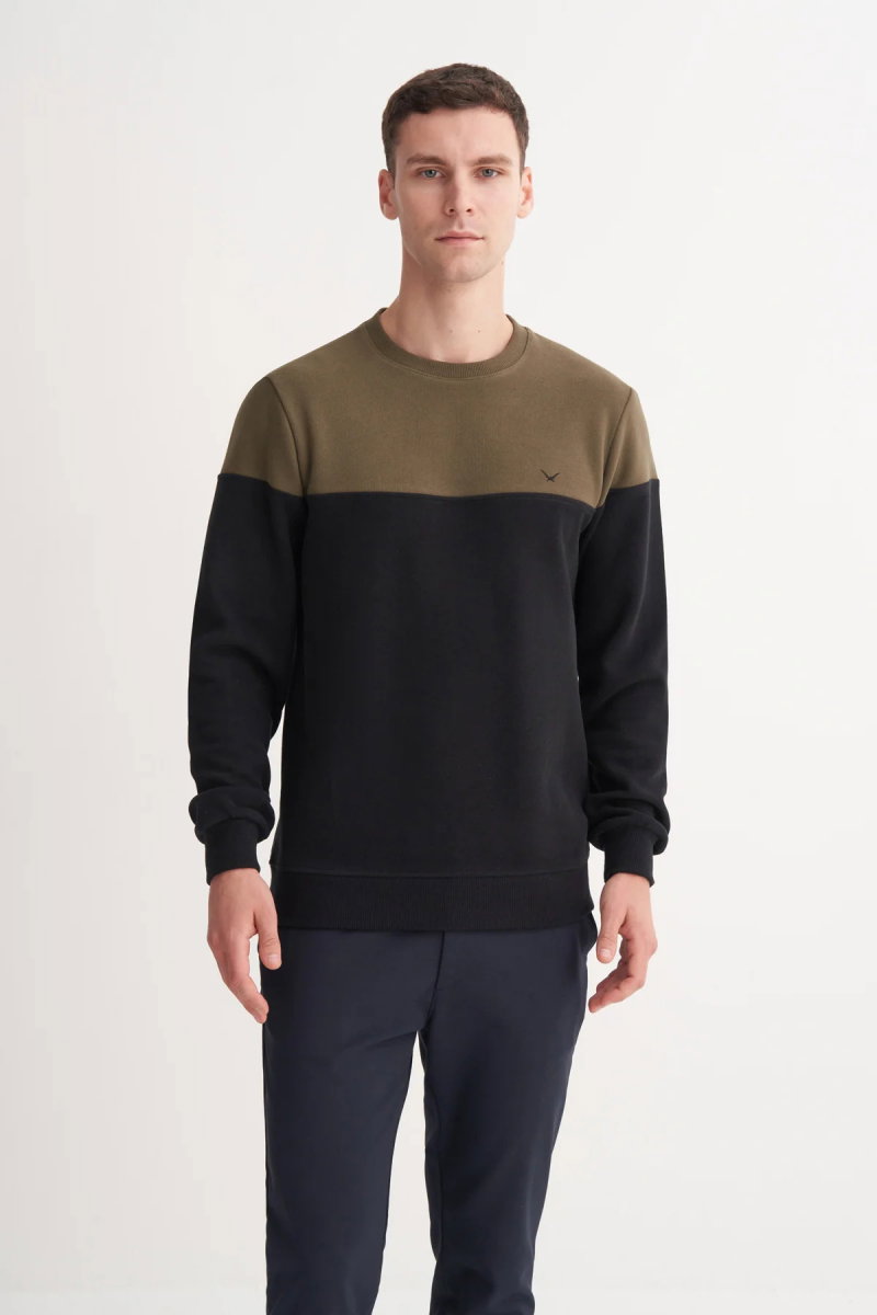 Cazador Erkek Bisiklet Yaka Selanik Örgü Slim Fit Sweatshirt Haki - Cazador