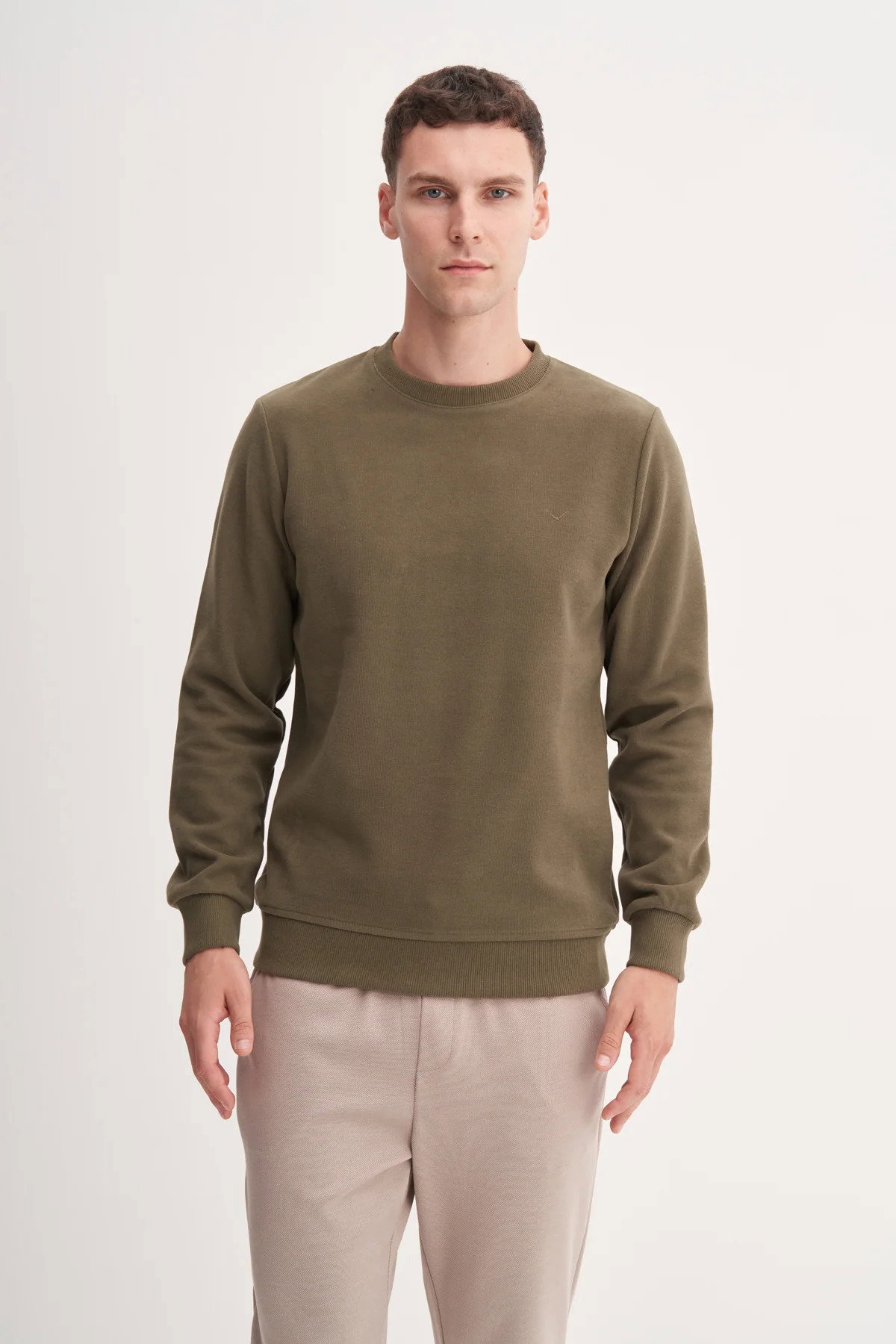Cazador Erkek Bisiklet Yaka Selanik Örgü Slim Fit Sweatshirt Haki - 1