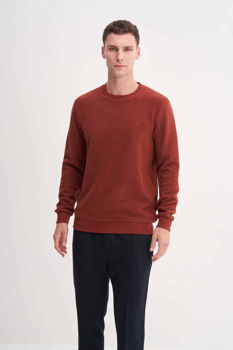 Cazador Erkek Bisiklet Yaka Selanik Örgü Slim Fit Sweatshirt Kiremit - Cazador