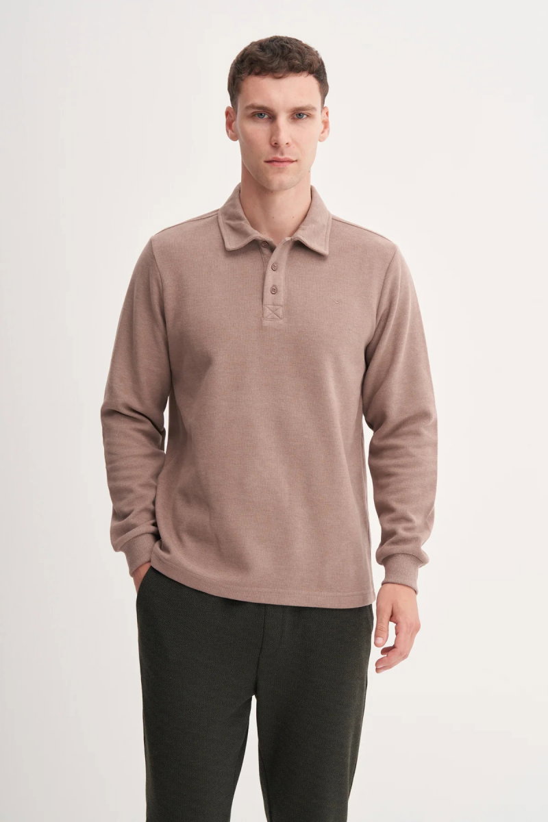 Cazador Erkek Polo Yaka Selanik Örgü Slim Fit Sweatshirt Camel - Cazador