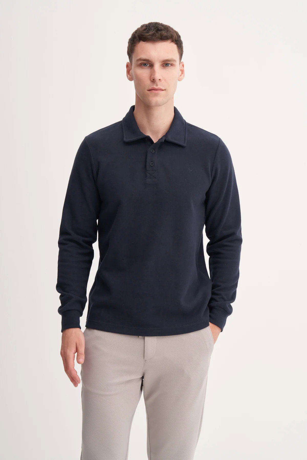 Cazador Erkek Polo Yaka Selanik Örgü Slim Fit Sweatshirt Lacivert - 1