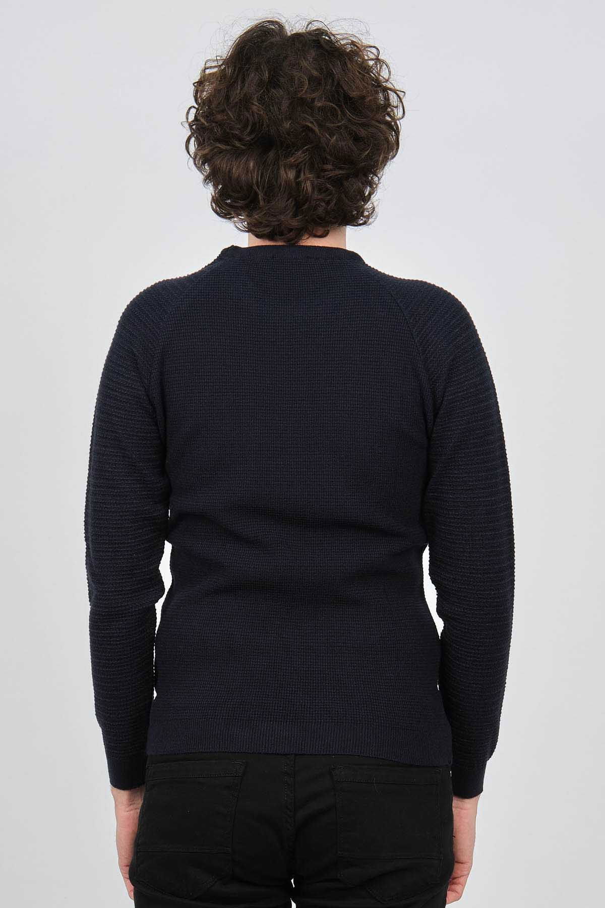 Çizgi Triko Erkek Bisiklet Yaka Slim Fit Kazak 42554259 Lacivert - 5