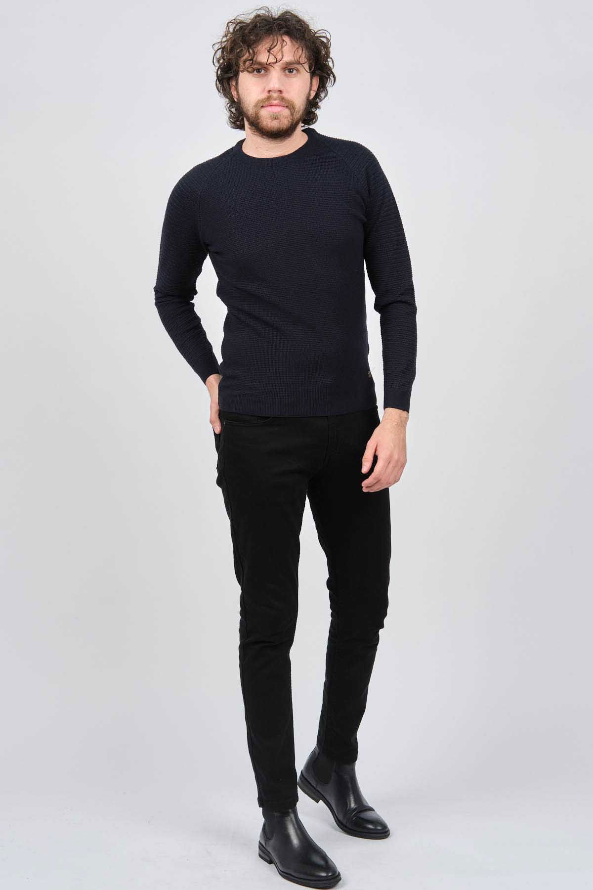 Çizgi Triko Erkek Bisiklet Yaka Slim Fit Kazak 42554259 Lacivert - 6