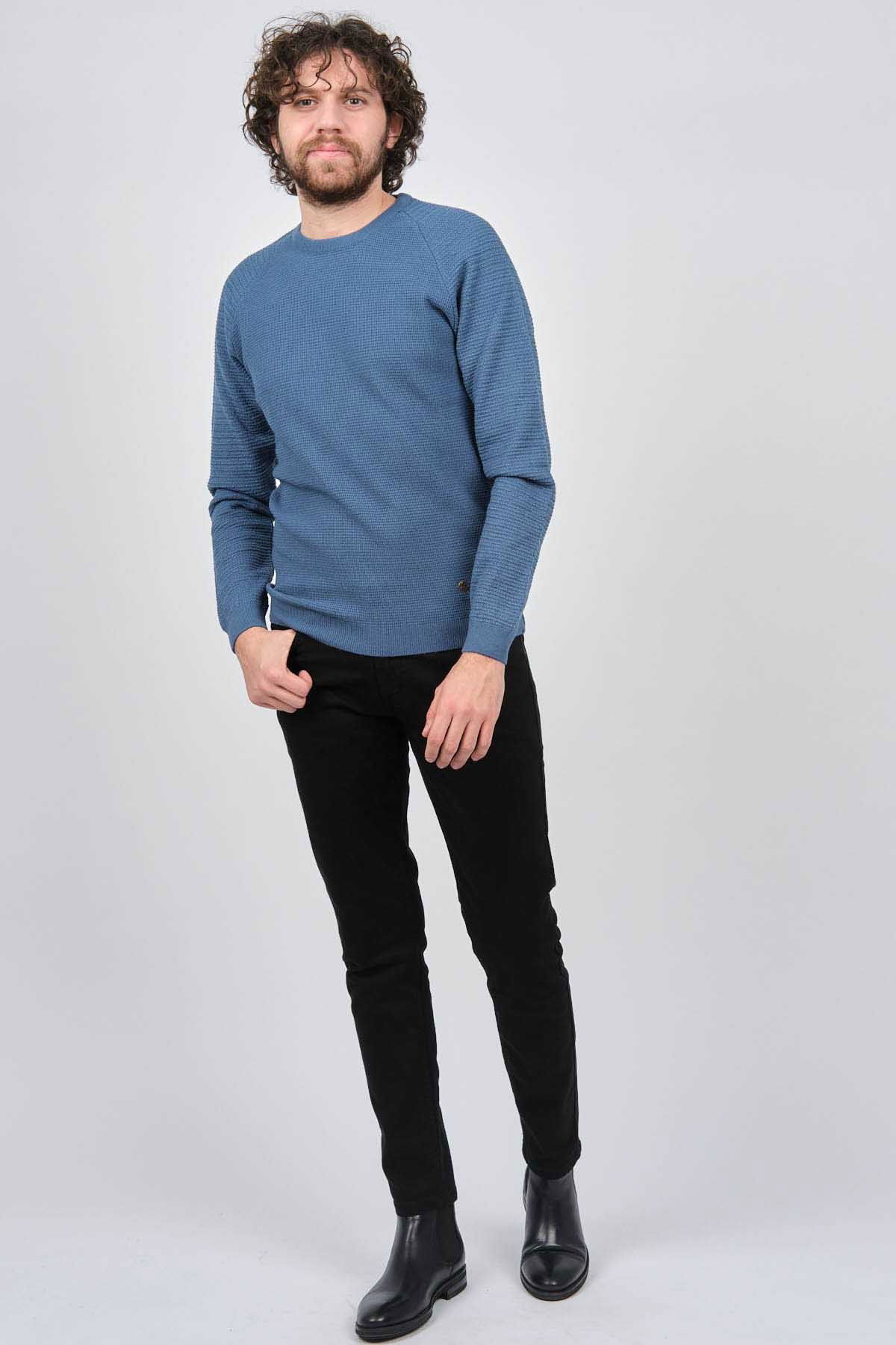 Çizgi Triko Erkek Bisiklet Yaka Slim Fit Kazak 42554259 Mavi - 2